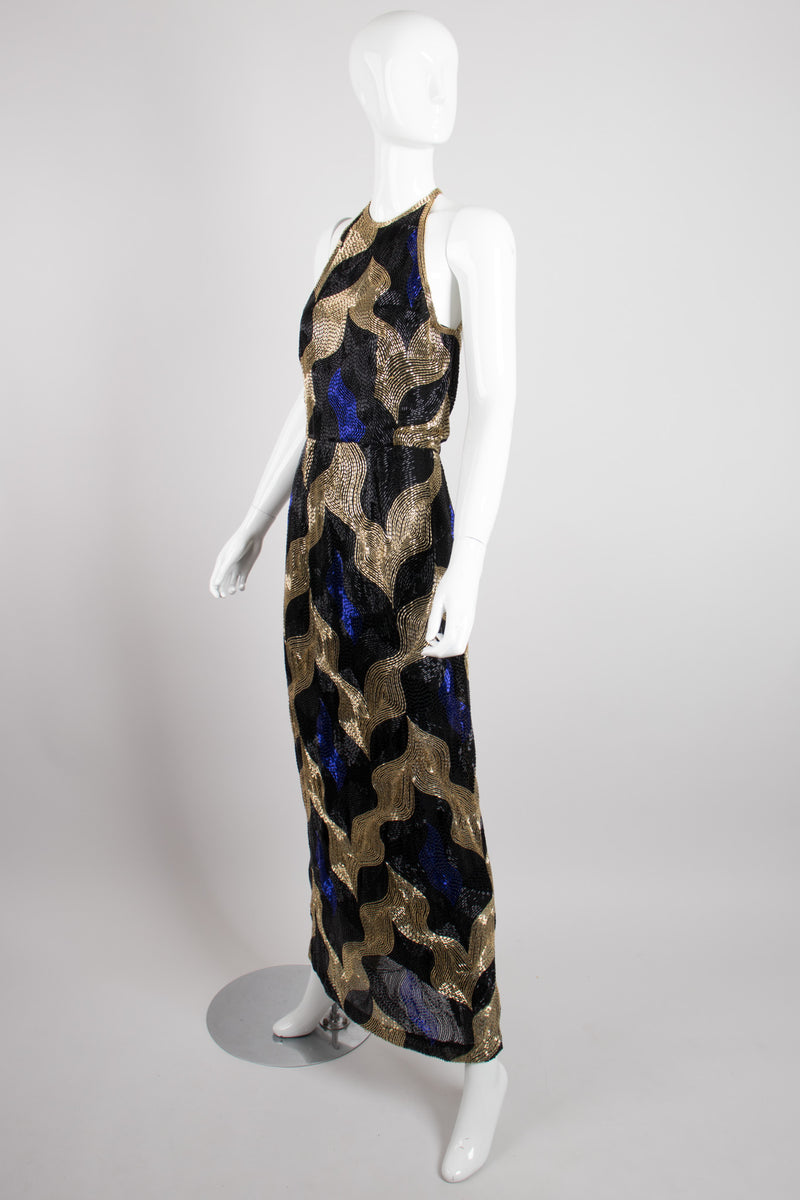 Tracy Mills Vintage Geometric Beaded Halter Gown