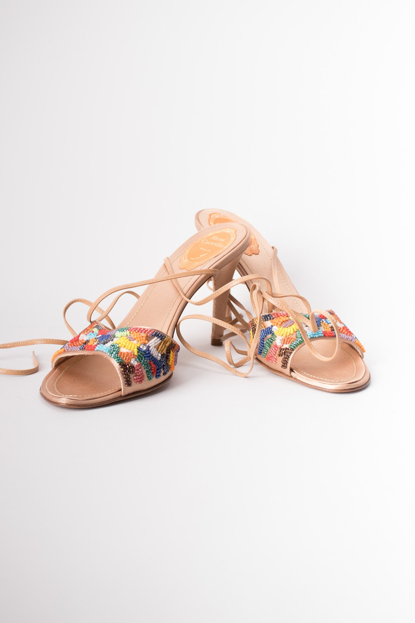 René Caovilla Vintage Rainbow Beaded Satin Ankle Wrap Mules Heels