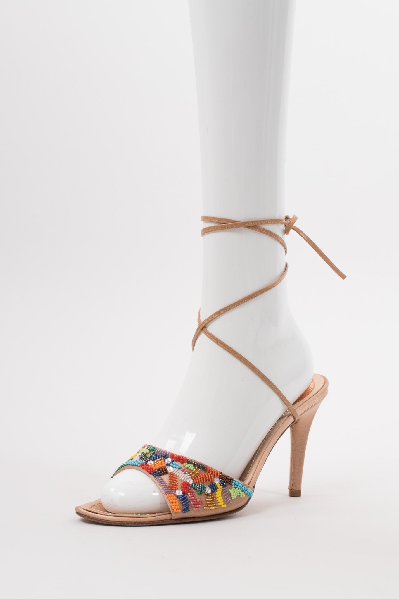 René Caovilla Vintage Rainbow Beaded Satin Ankle Wrap Mules Heels