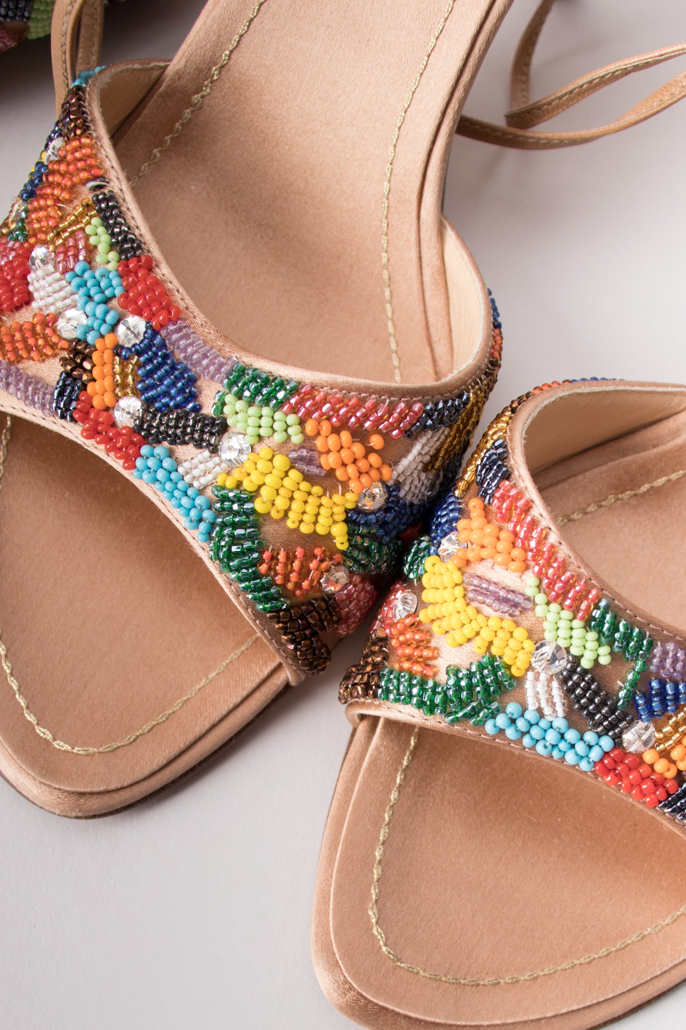 René Caovilla Vintage Rainbow Beaded Satin Ankle Wrap Mules Heels