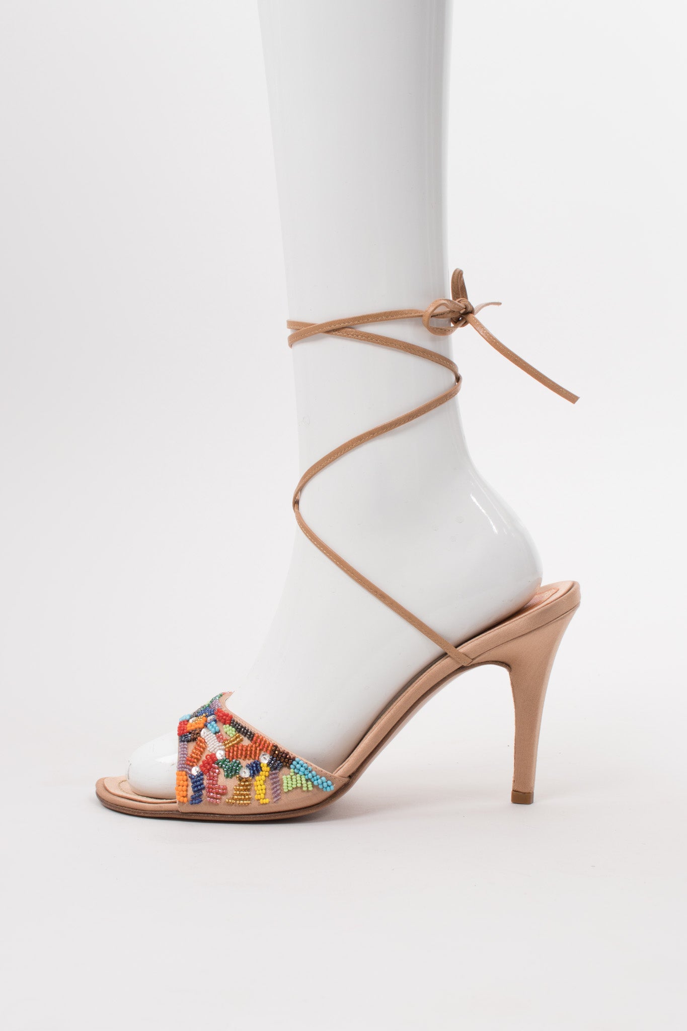 René Caovilla Vintage Rainbow Beaded Satin Ankle Wrap Mules Heels