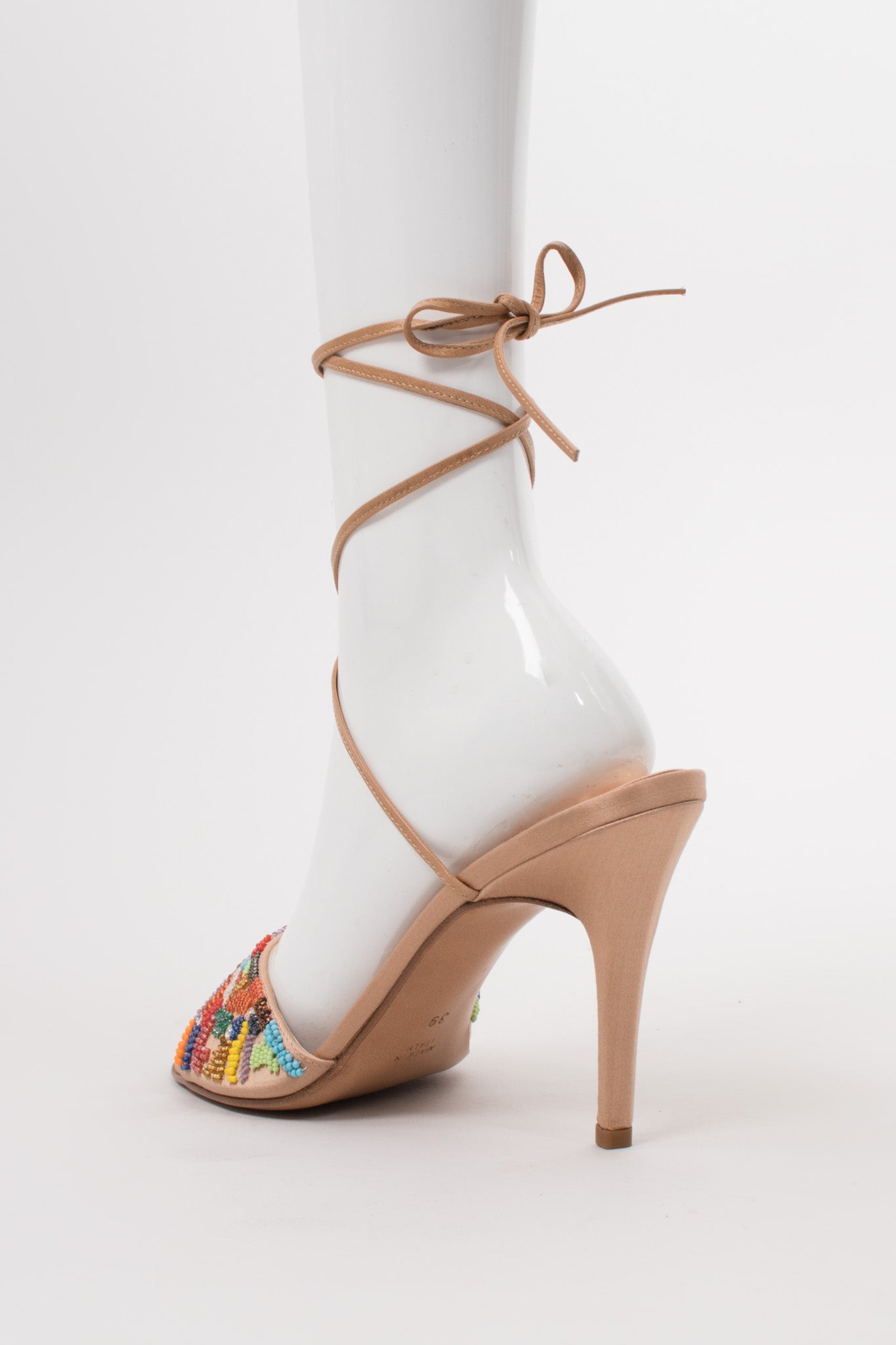 René Caovilla Vintage Rainbow Beaded Satin Ankle Wrap Mules Heels