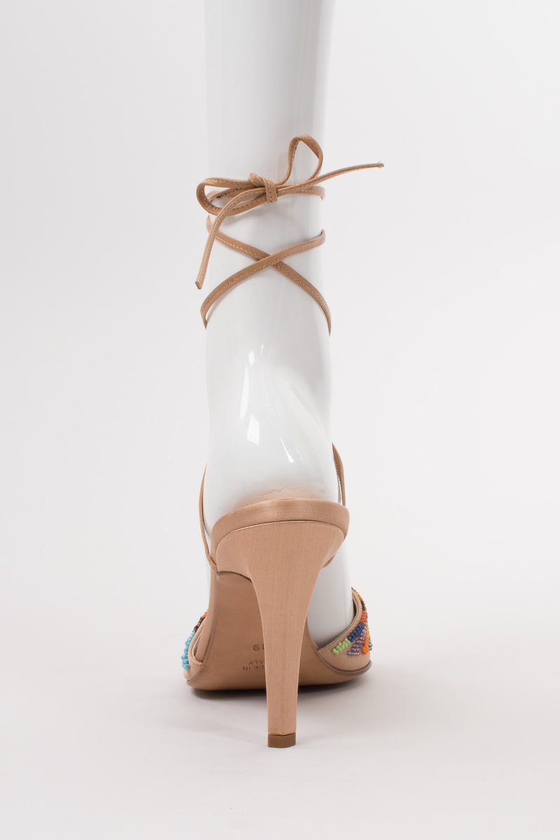 René Caovilla Vintage Rainbow Beaded Satin Ankle Wrap Mules Heels