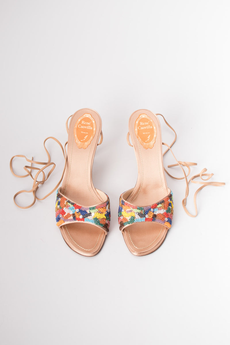 René Caovilla Vintage Rainbow Beaded Satin Ankle Wrap Mules Heels