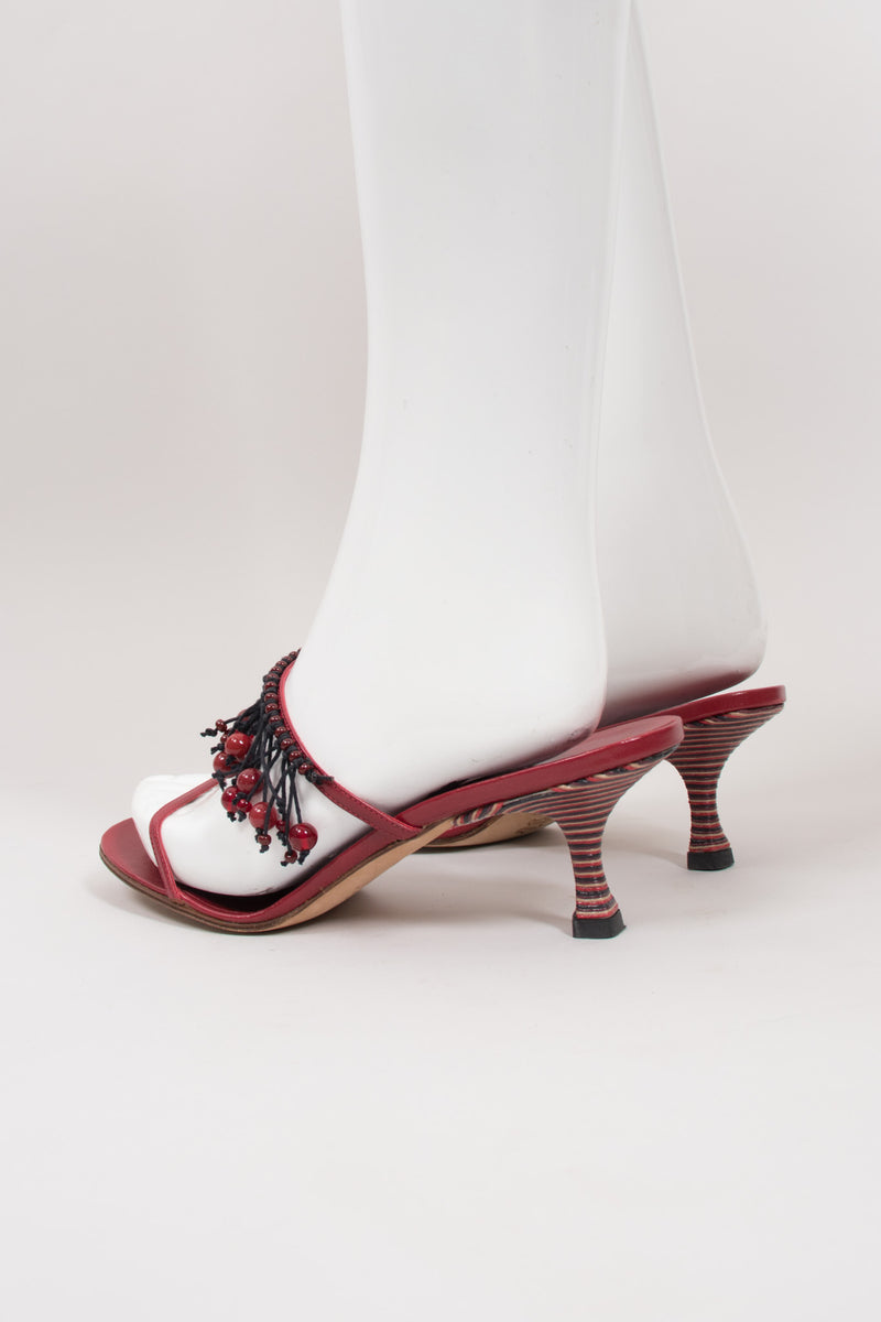 Manolo Blahnik Strappy Currant Berry Fringed Mule Sandals