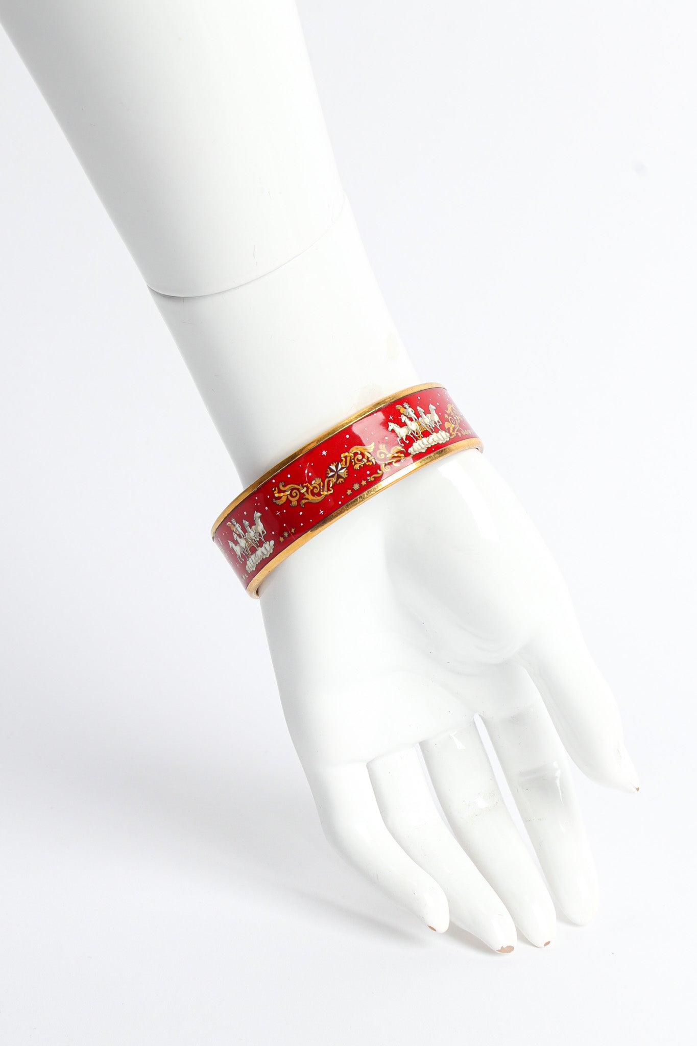 Vintage Hermés Royal Cherub Horses Wide Enamel Bracelet on mannequin back wrist @ Recess LA