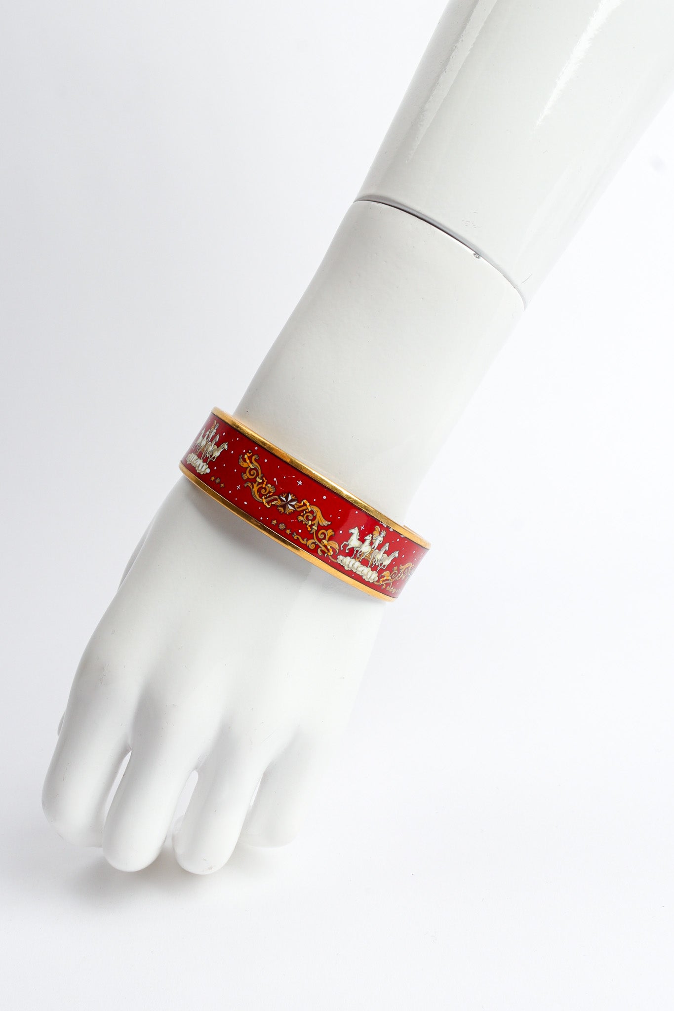 Vintage Hermés Royal Cherub Horses Wide Enamel Bracelet on mannequin @ Recess LA