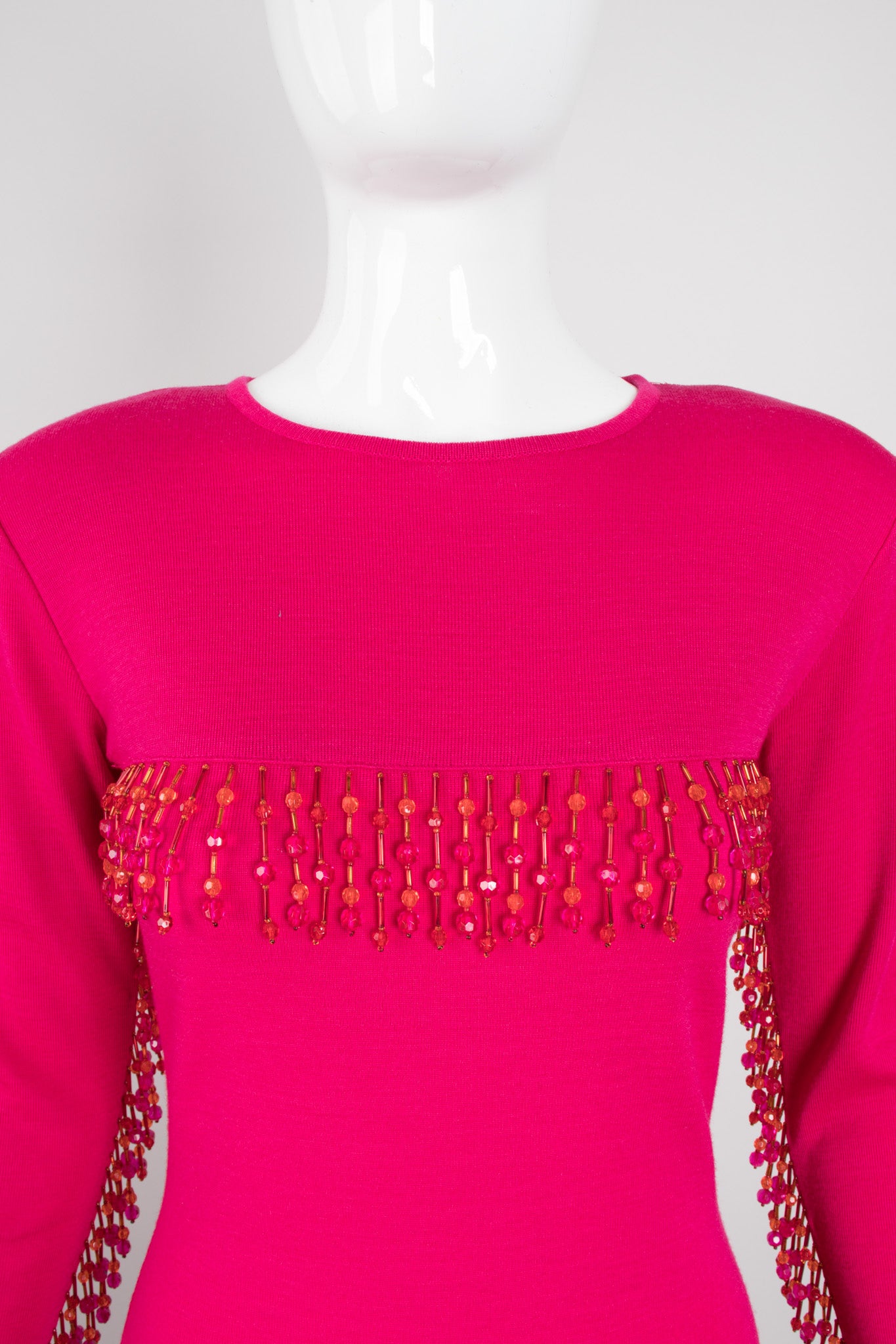 Recess Los Angeles Vintage Andrea Jovine Hot Pink Beaded Fringe Yokea Bodycon Dress