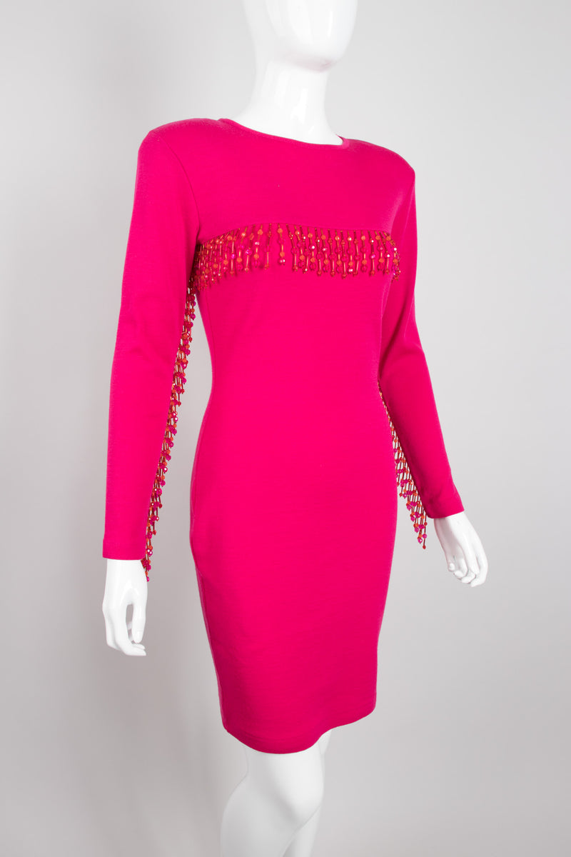 Recess Los Angeles Vintage Andrea Jovine Hot Pink Beaded Fringe Yokea Bodycon Dress