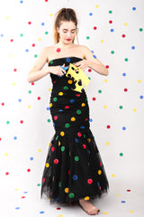 Recess Los Angeles Vintage Scaasi Boutique Polka Dot Bows Strapless Black Dress Velvet Multicolored Dots Trumpet Silhouette