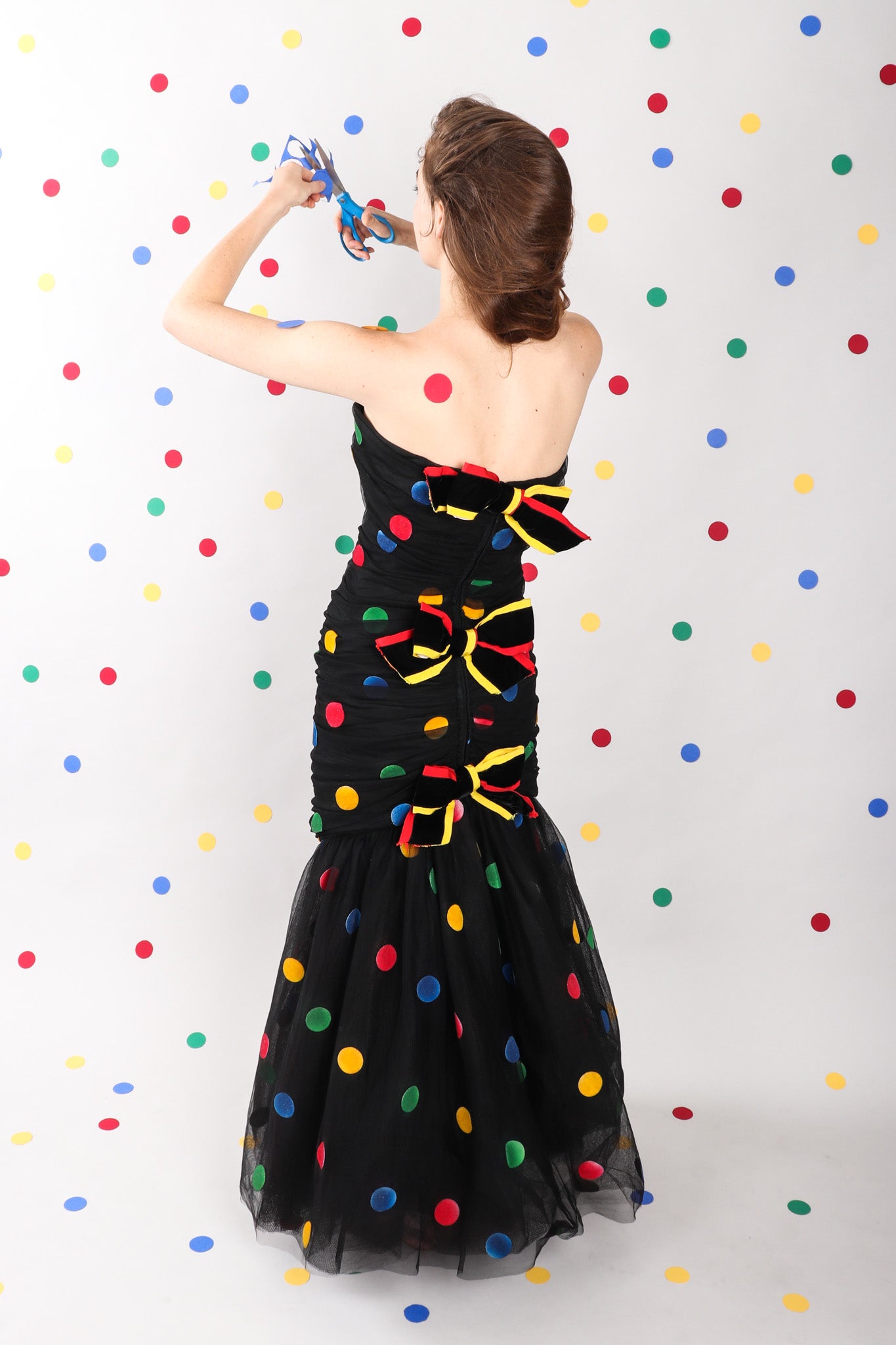 Recess Los Angeles Vintage Scaasi Boutique Polka Dot Bows Strapless Black Dress Velvet Multicolored Dots Trumpet Silhouette