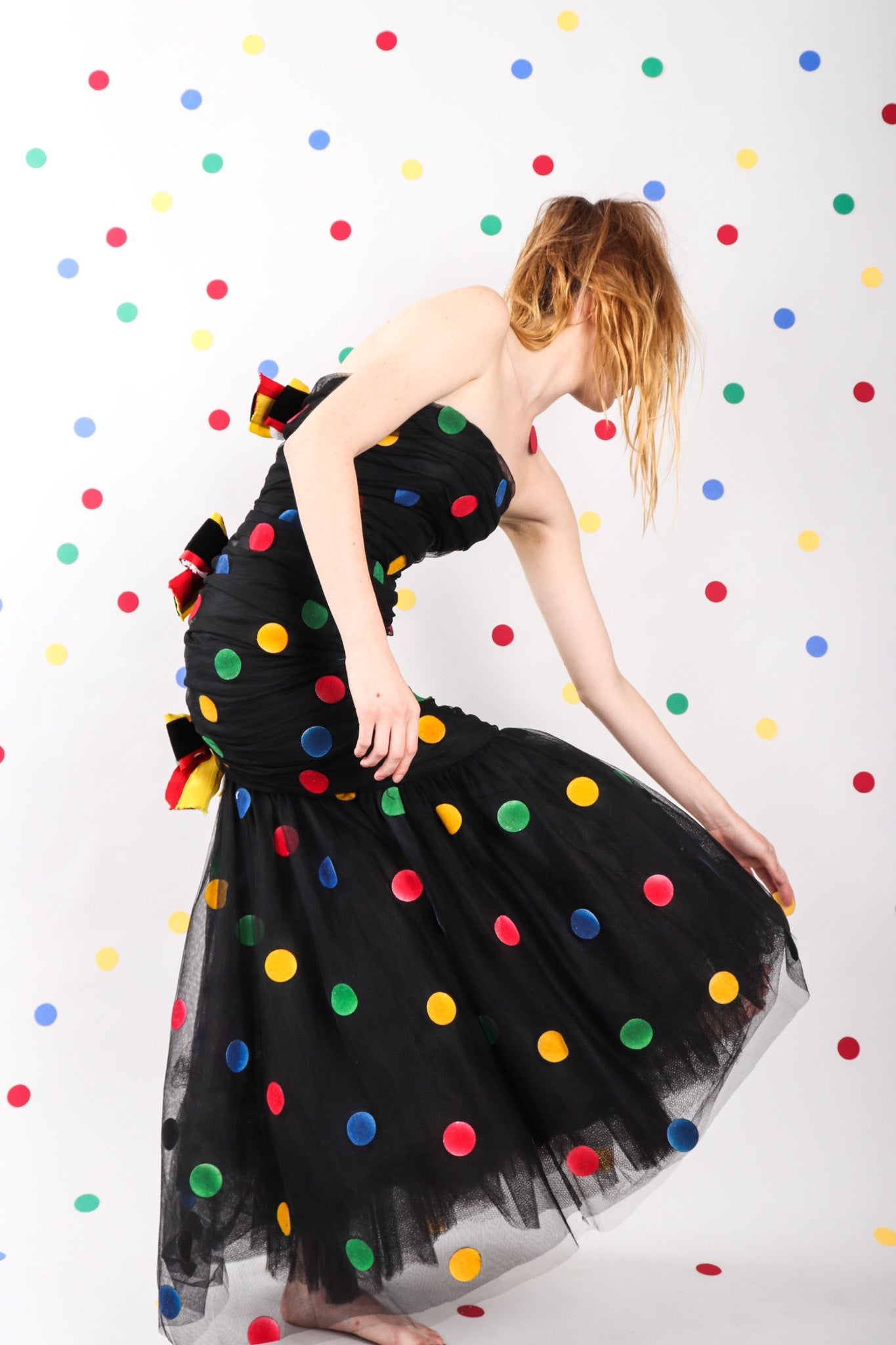 Recess Los Angeles Vintage Scaasi Boutique Polka Dot Bows Strapless Black Dress Velvet Multicolored Dots Trumpet Silhouette