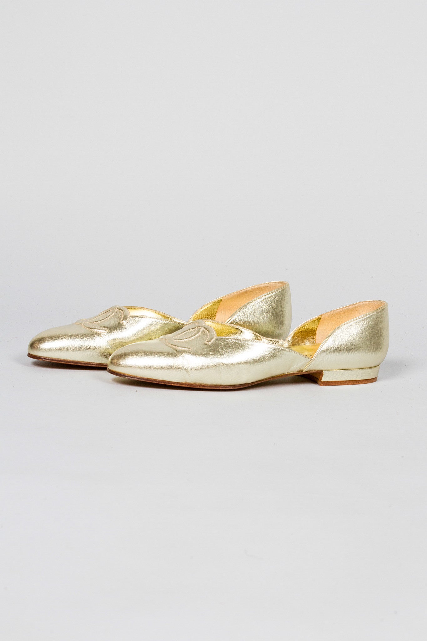 Chanel Gold Lamé Logo Flats Side