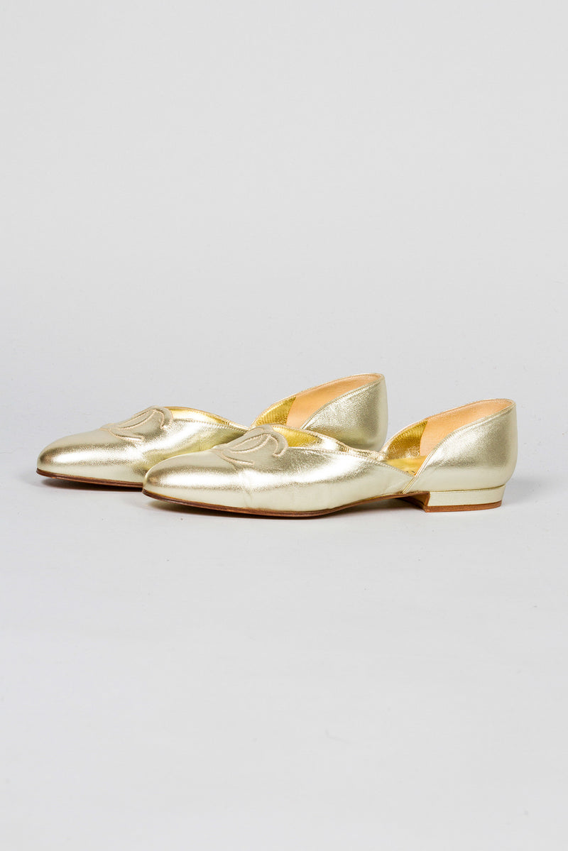 Chanel Gold Lamé Logo Flats Side