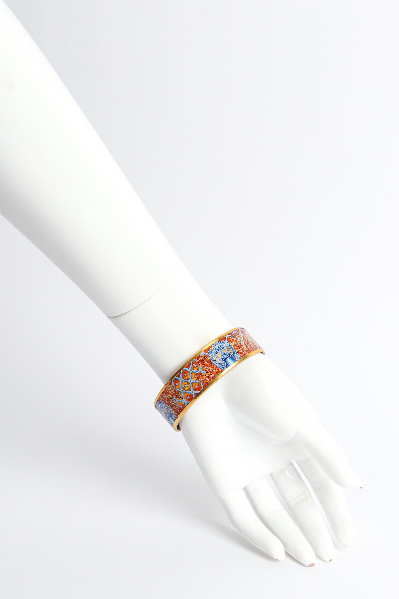 Vintage Hermés Leaf Motif Lion Wide Enamel Bracelet on mannequin back wrist @ Recess LA