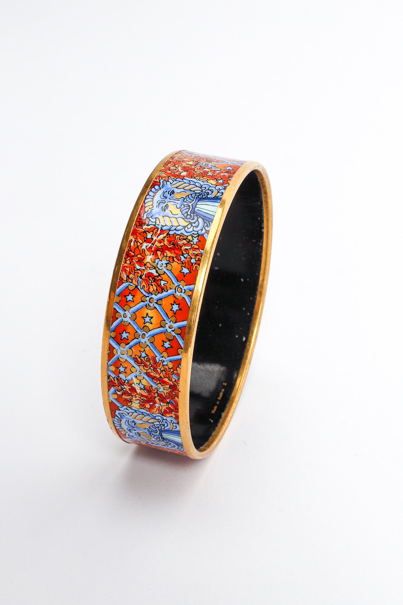 Vintage Hermés Leaf Motif Lion Wide Enamel Bracelet angle view @ Recess LA