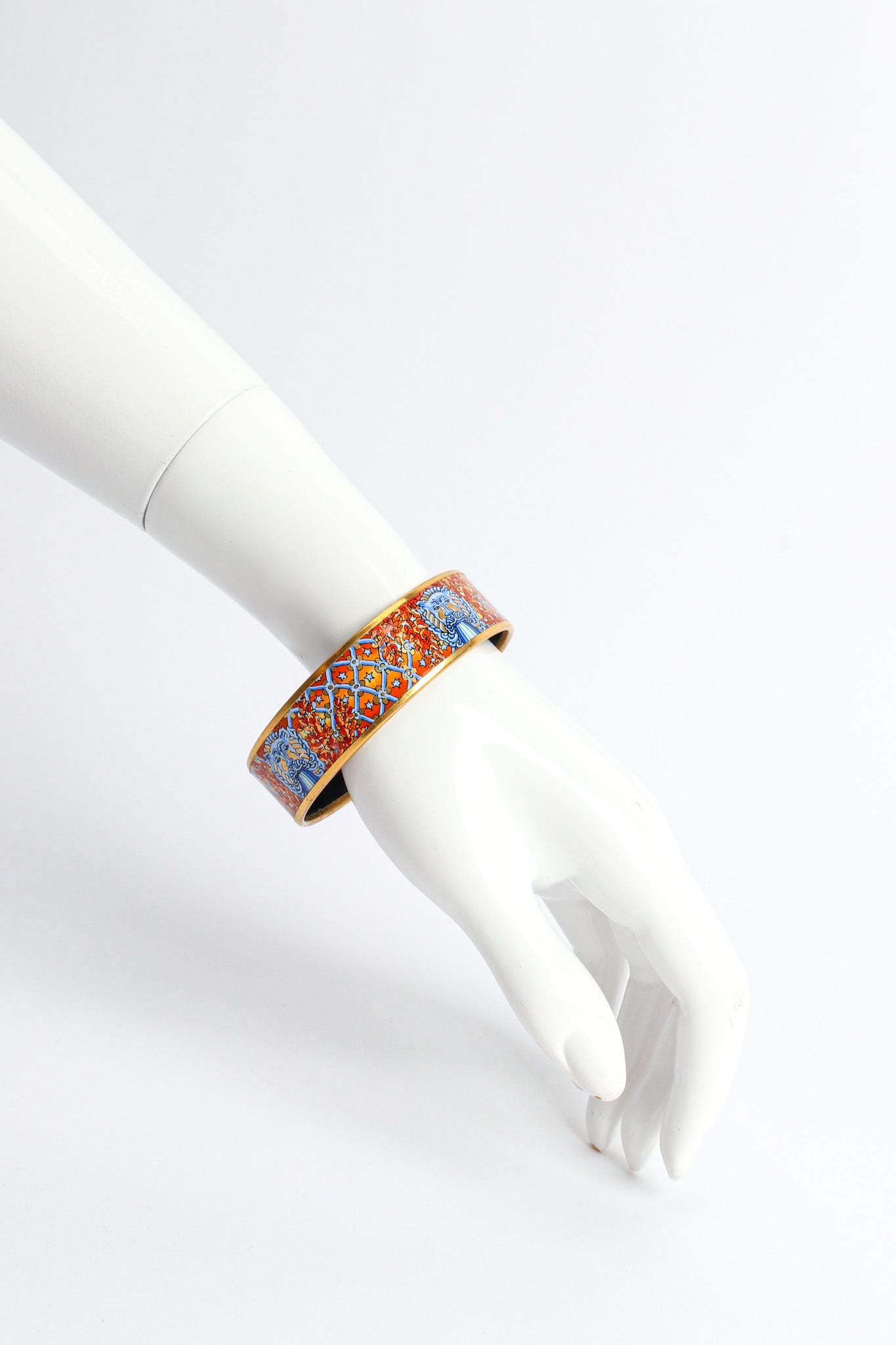 Vintage Hermés Leaf Motif Lion Wide Enamel Bracelet on mannequin wrist @ Recess LA