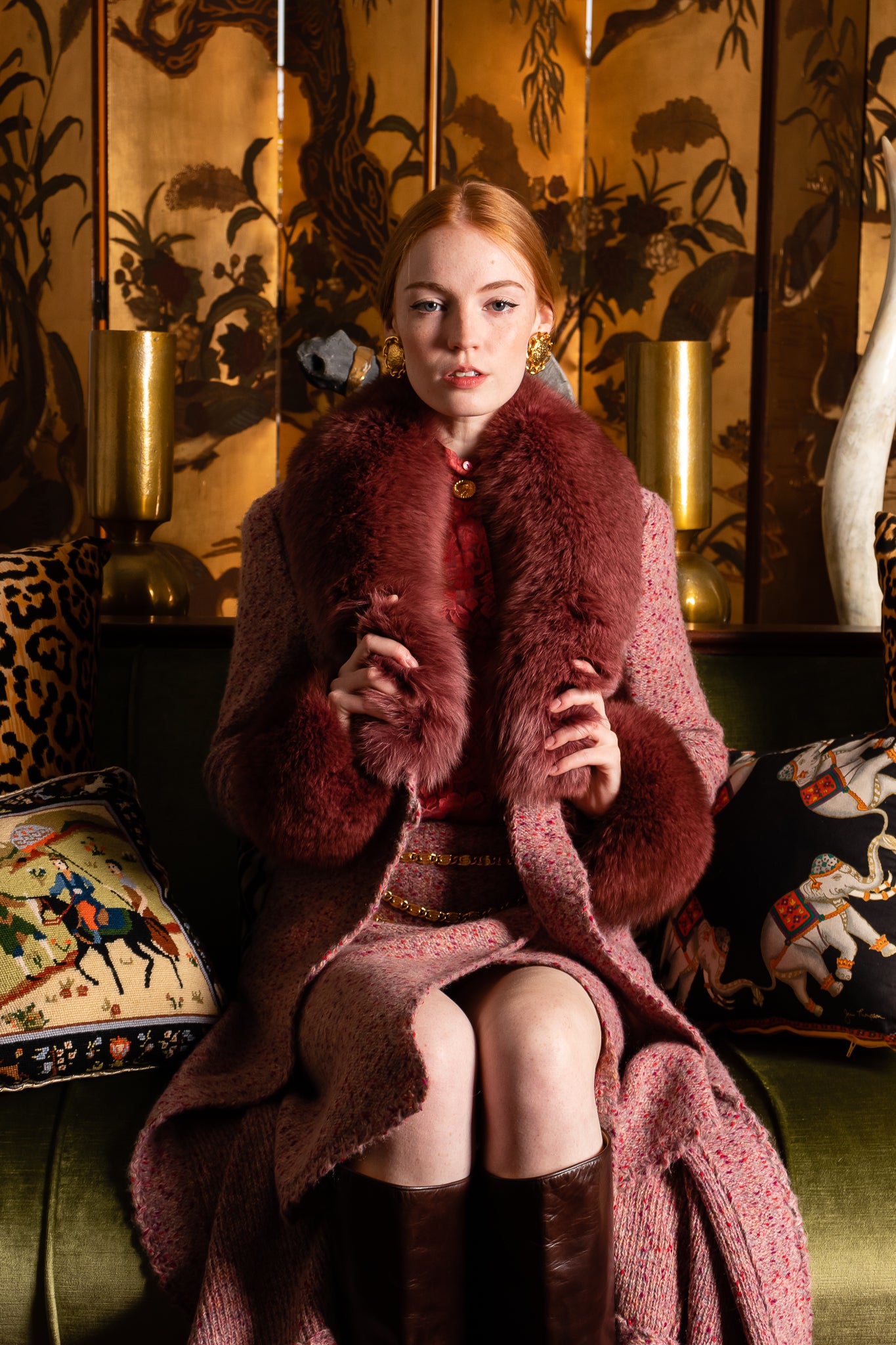 Vintage Adolfo Fox Fur Knit Sweater Coat & Skirt Set on Emily O'Dette at Recess Los Angeles