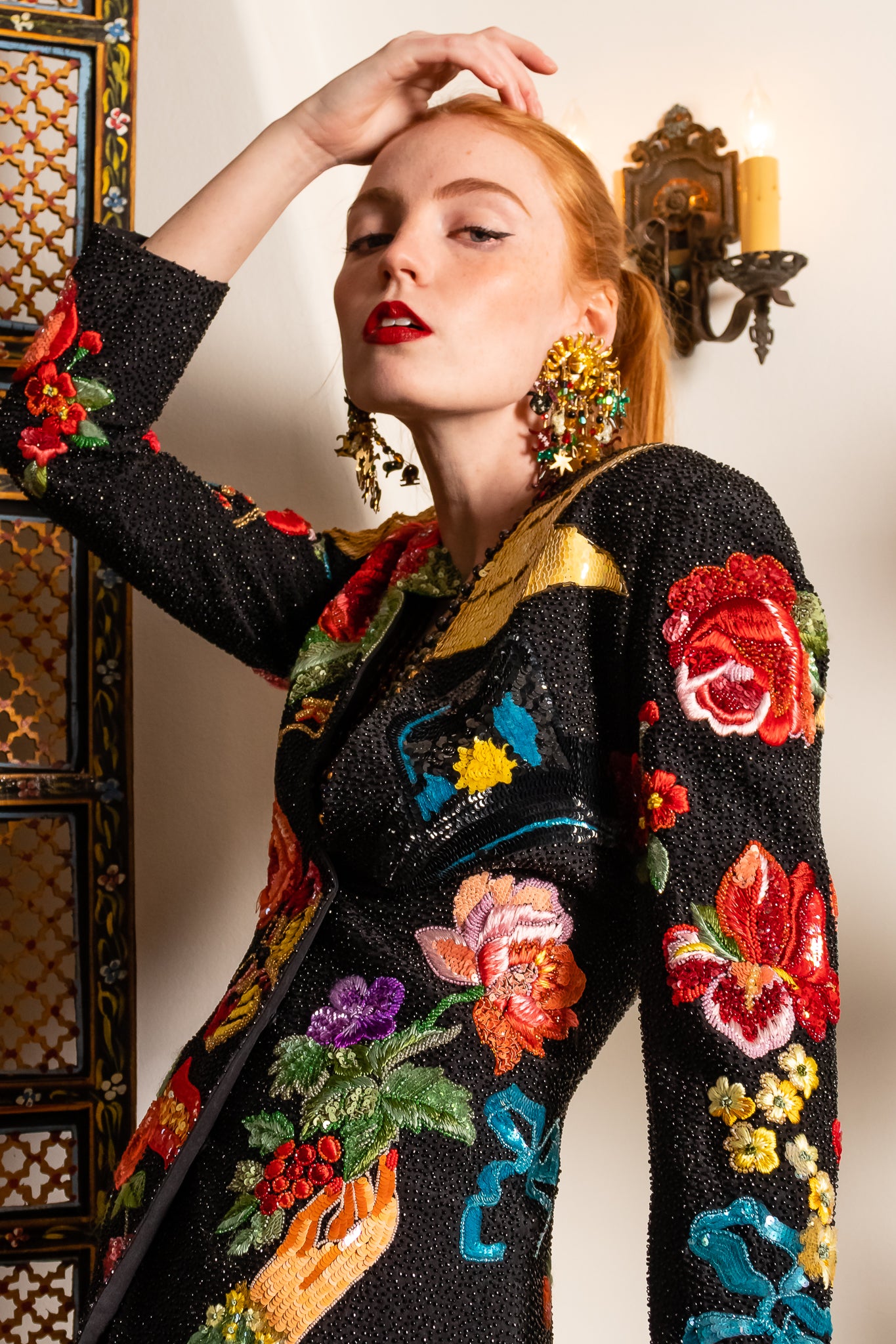 Vintage Krizia SS 1991 Runway Floral Matador Beaded Jacket on Emily at Recess Los Angeles