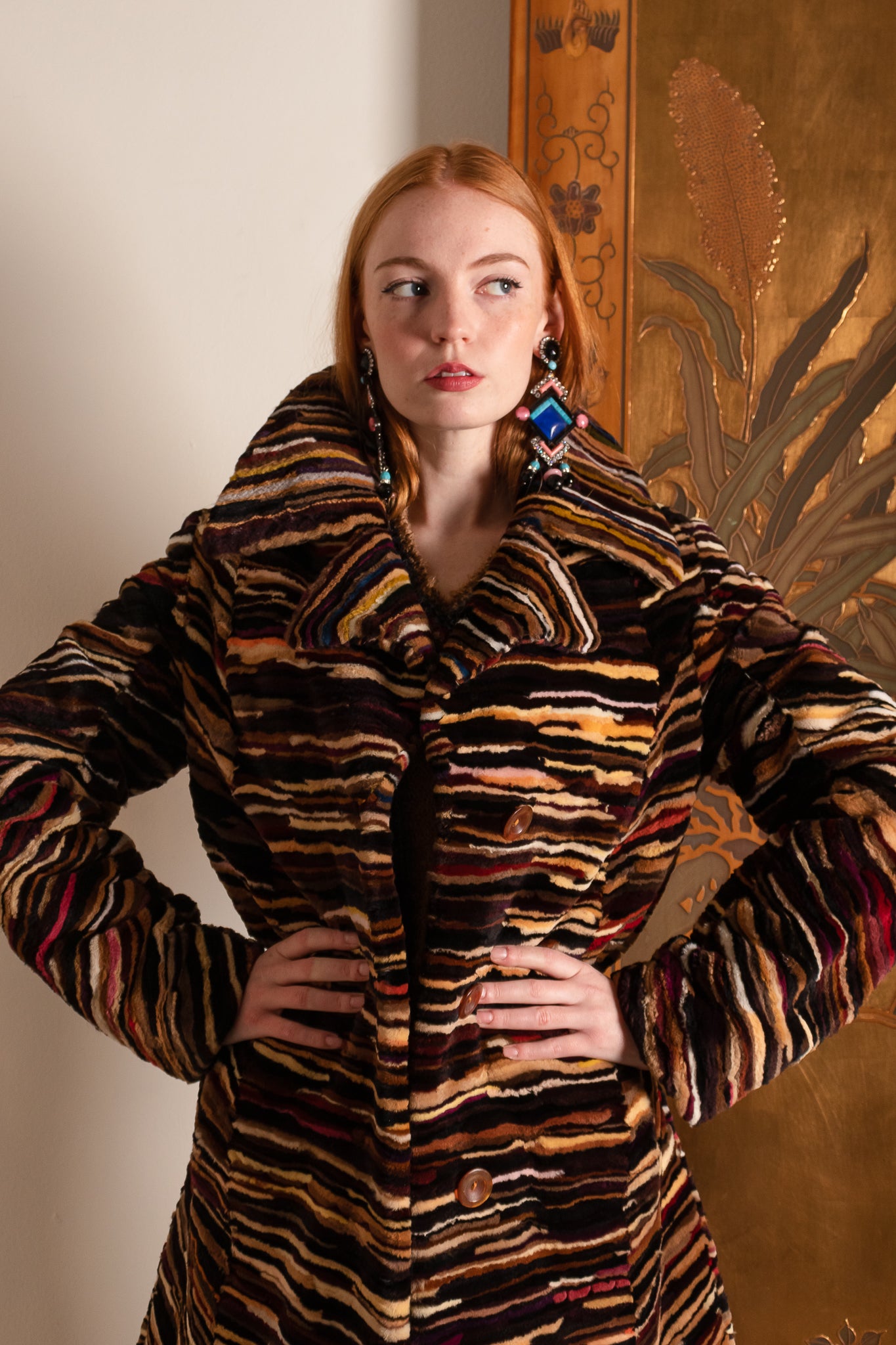 Vintage Louis Féraud Rainbow Zebrawood Stripe Fur Coat on Emily O'Dette at Recess LA