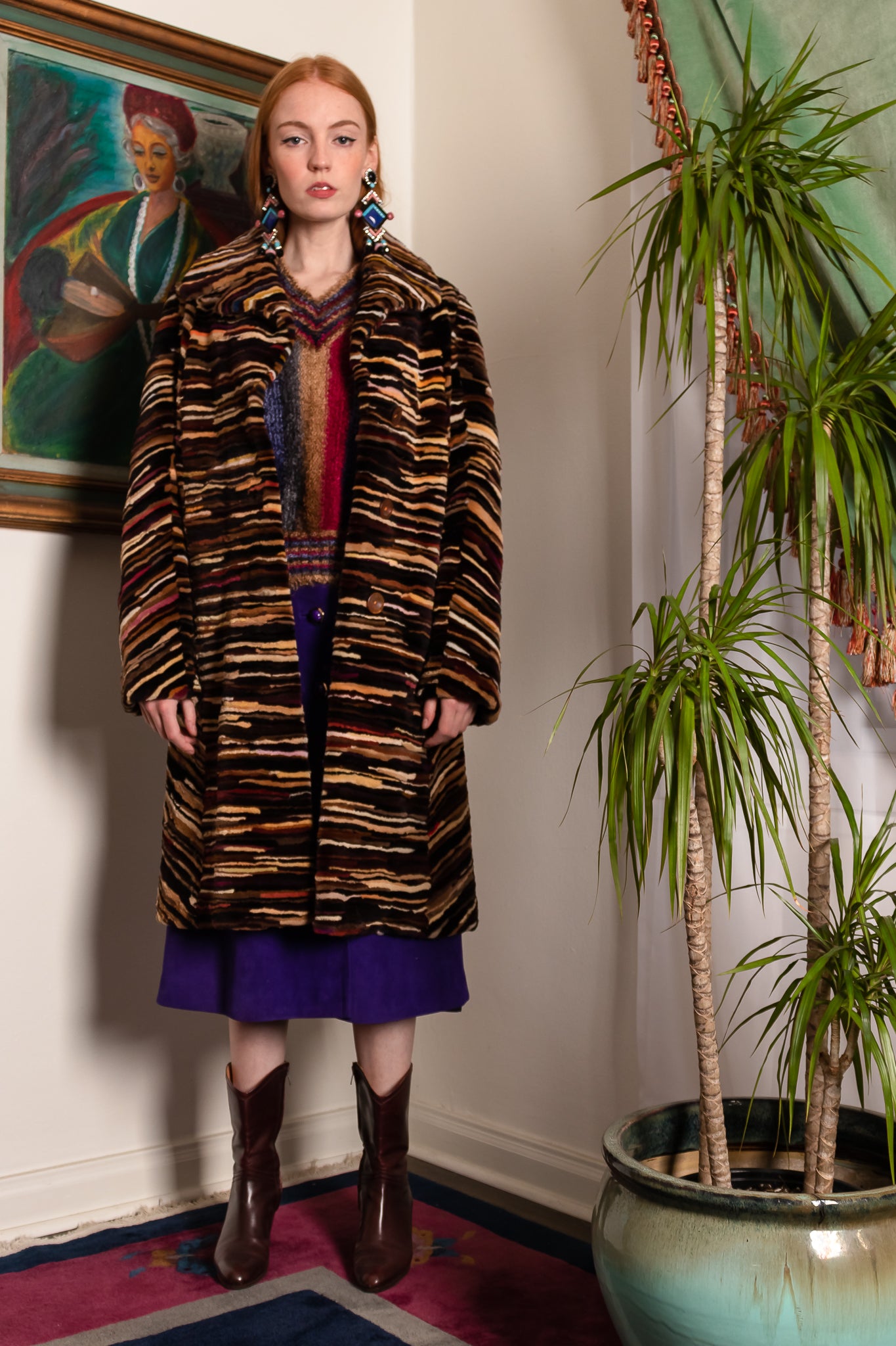 Vintage Louis Féraud Rainbow Zebrawood Stripe Fur Coat on Emily O'Dette at Recess LA