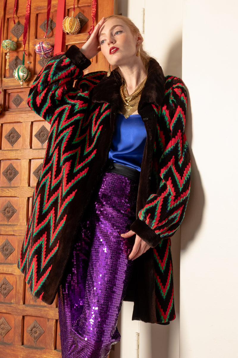 Vintage Rainbow Chevron Blanket Afghan Beaver Fur Coat on Emily O'Dette at Recess Los Angeles