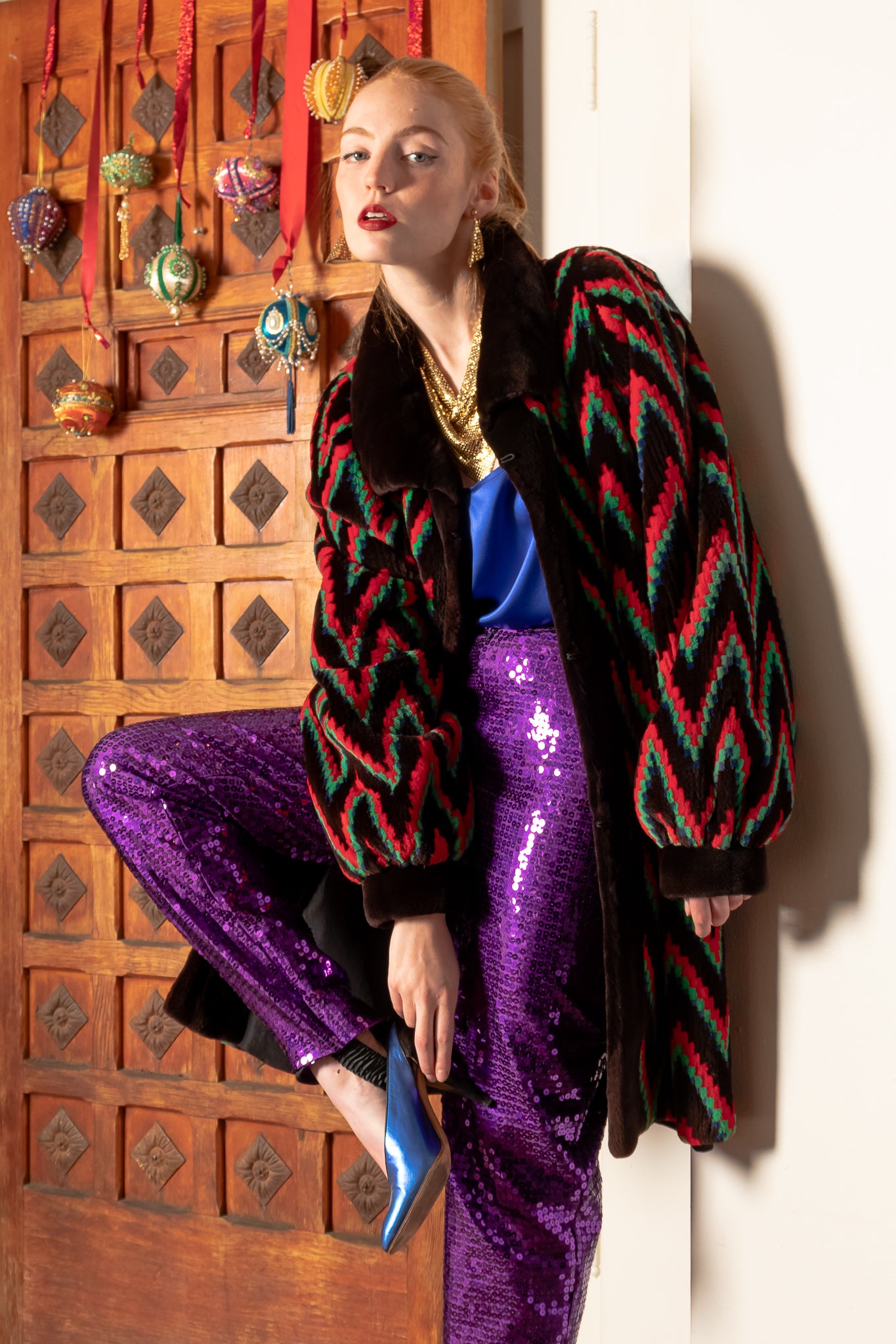 Vintage Escada Royal Purple Sequin Stirrup Pant & Fur on Emily O'Dette at Recess Los Angeles