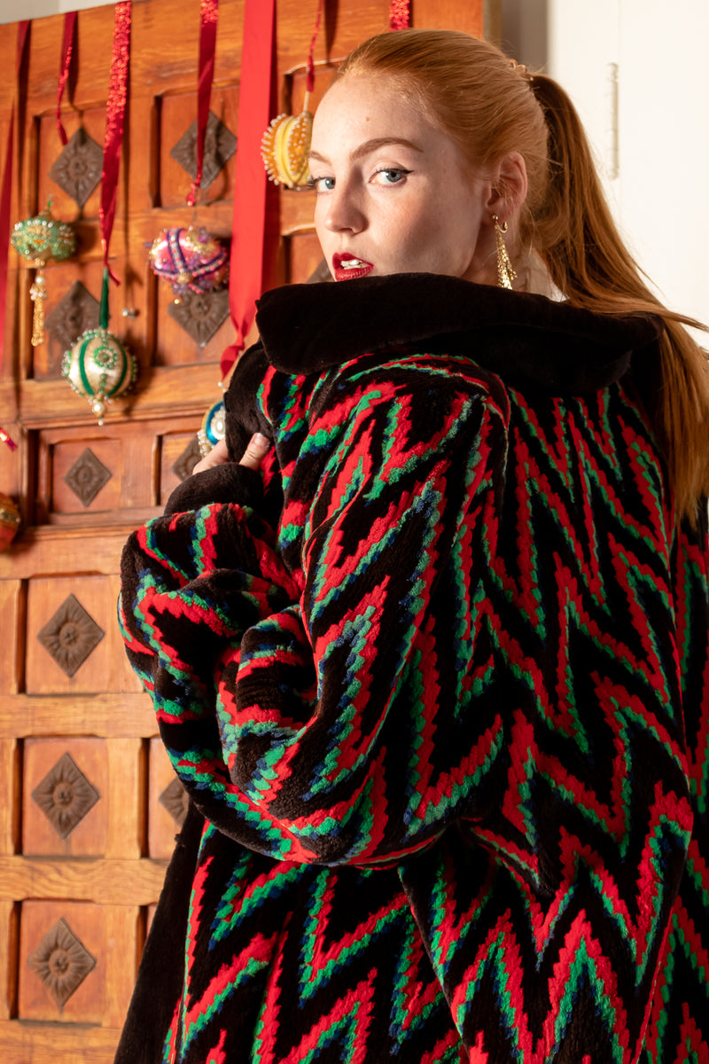 Vintage Rainbow Chevron Blanket Afghan Beaver Fur Coat on Emily O'Dette at Recess Los Angeles