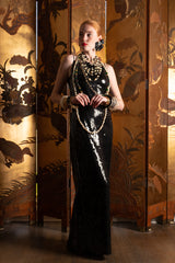 Vintage Chanel Sequin Black Tie Sheath Gown & layered necklaces on Emily at Recess Los Angeles