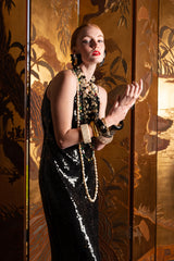 Vintage Chanel Sequin Black Tie Sheath Gown & layered necklaces on Emily at Recess Los Angeles