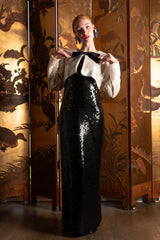 Vintage Chanel Sequin Black Tie Sheath Gown & bow jacket on Emily at Recess Los Angeles