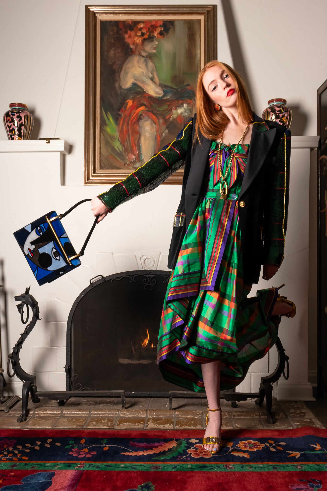 Prada A/W 2017 Cubist Velvet Face Pionnière Bag & Plaid dress on Emily O'Dette @ Recess Los Angeles