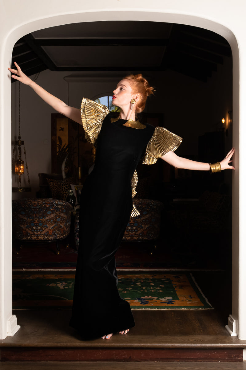 Vintage After Five Saks Gold Ruffle Velvet Trumpet Gown on Emily O'Dette at Recess Los Angeles