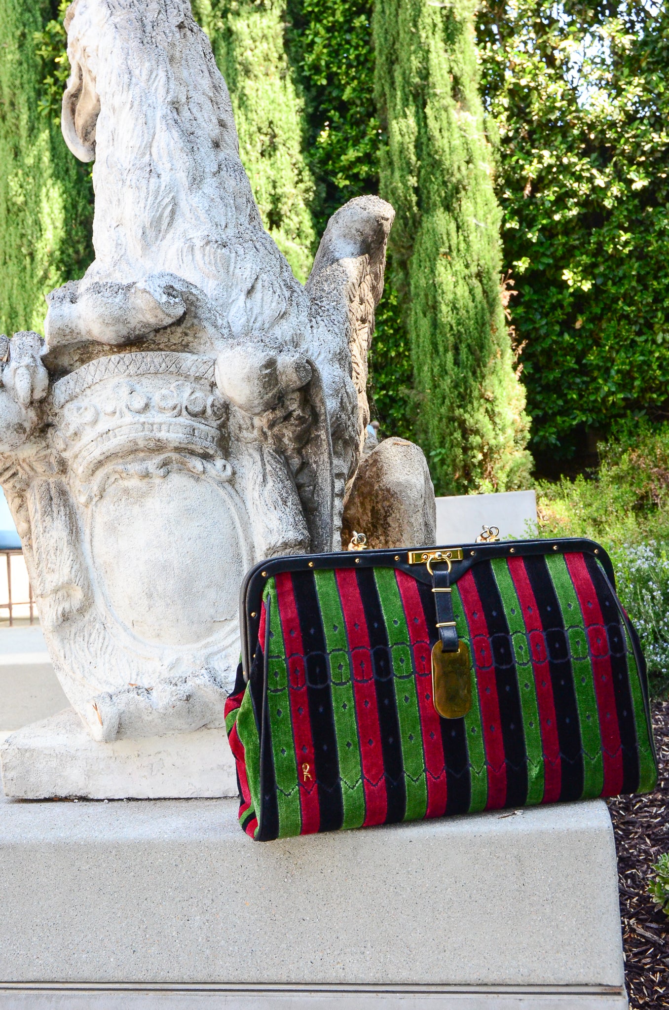 Vintage Roberta di Camerino Velvet Striped Buckle Oversized Bag with Sculpture at Recess LA