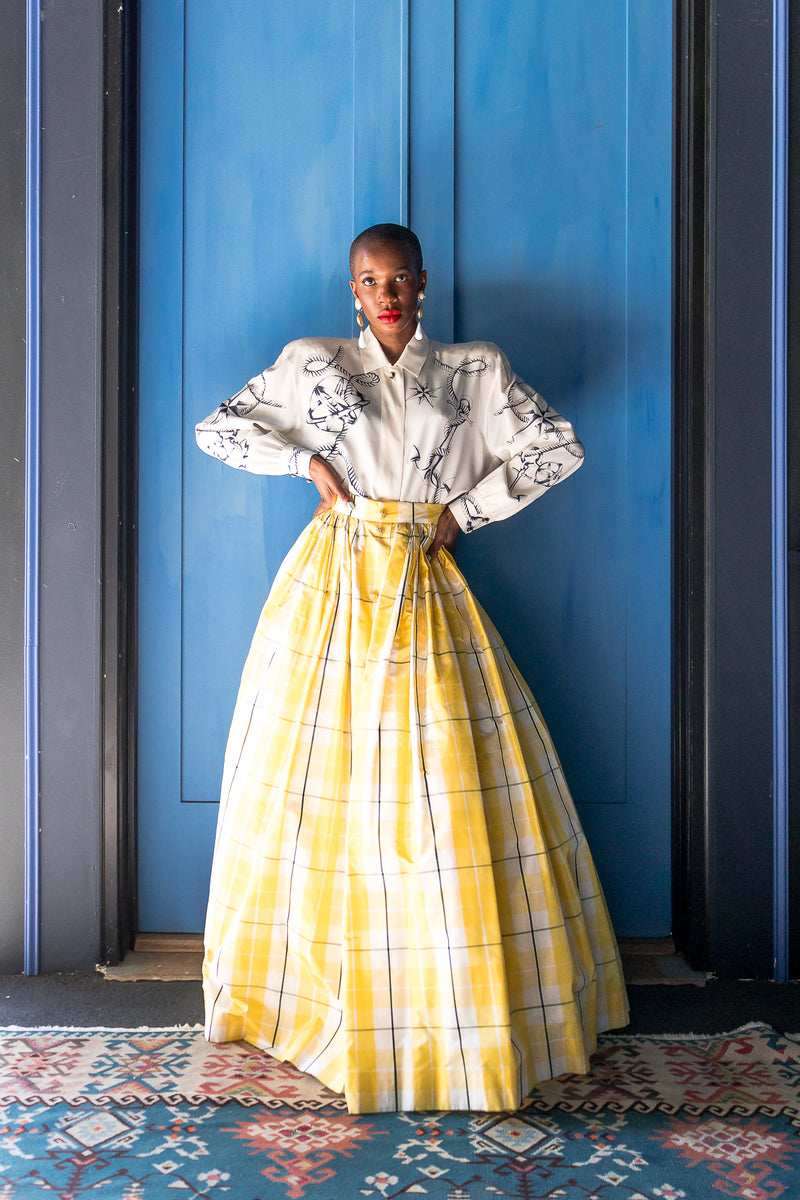 Monica Ahanonu in Vintage Escada Compass Star Nautical Satin Shirt and ball skirt at Recess LA