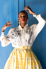 Monica Ahanonu in Vintage Escada Compass Star Nautical Satin Shirt and ball skirt at Recess LA