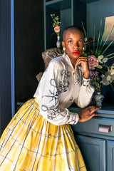 Monica Ahanonu in Vintage Escada Compass Star Nautical Satin Shirt and ball skirt at Recess LA