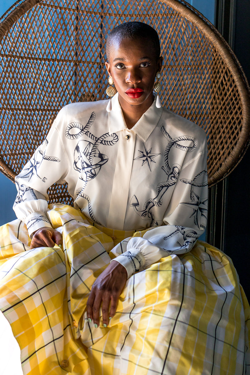 Monica Ahanonu in Vintage Escada Compass Star Nautical Satin Shirt and ball skirt at Recess LA