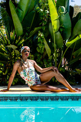 Monica Ahanonu in Vintage Gucci Flora Print Maillot Swimsuit and Flora scarf at Recess Los Angeles