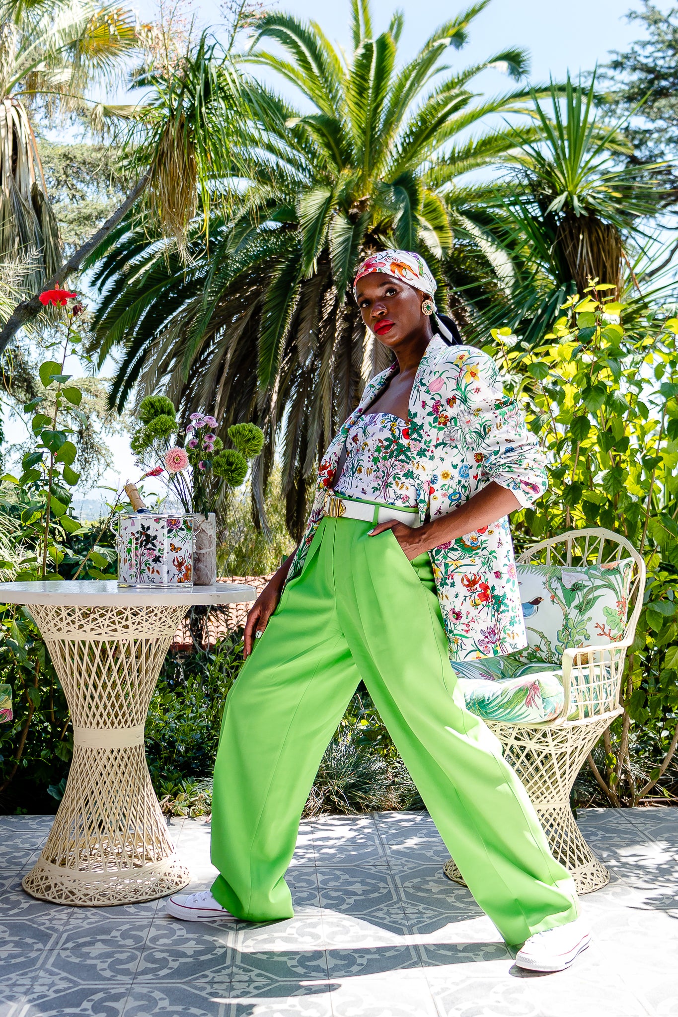 Monica Ahanonu in Vintage Gucci Iconic Flora Print Jacket Swimsuit and Scarf at Recess Los Angeles