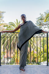 Monica Ahanonu in Vintage Gucci Metallic Silver Stripe Sari Shawl Dress at Recess Los Angeles