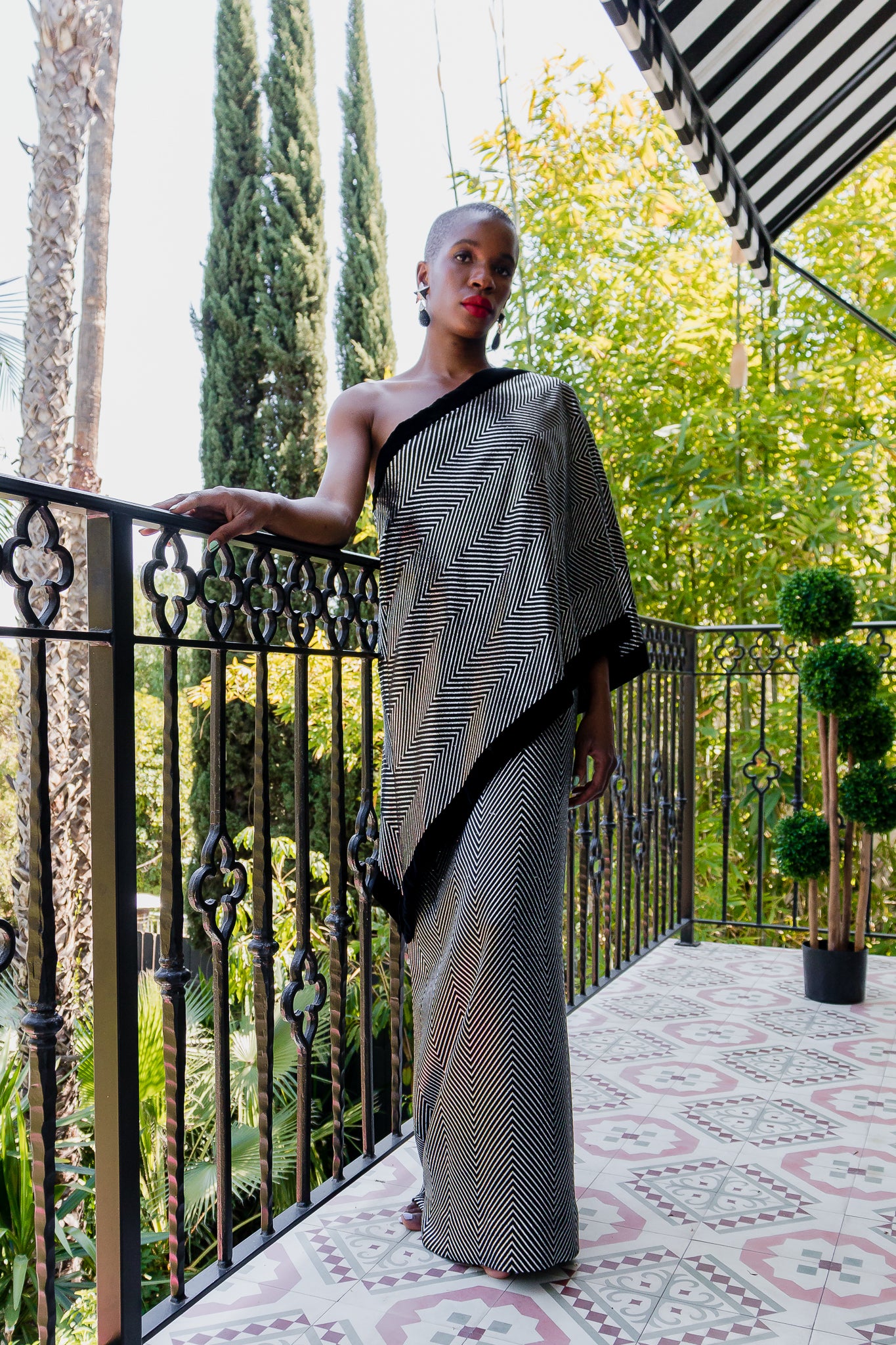 Monica Ahanonu in Vintage Gucci Metallic Silver Stripe Sari Shawl Dress at Recess Los Angeles