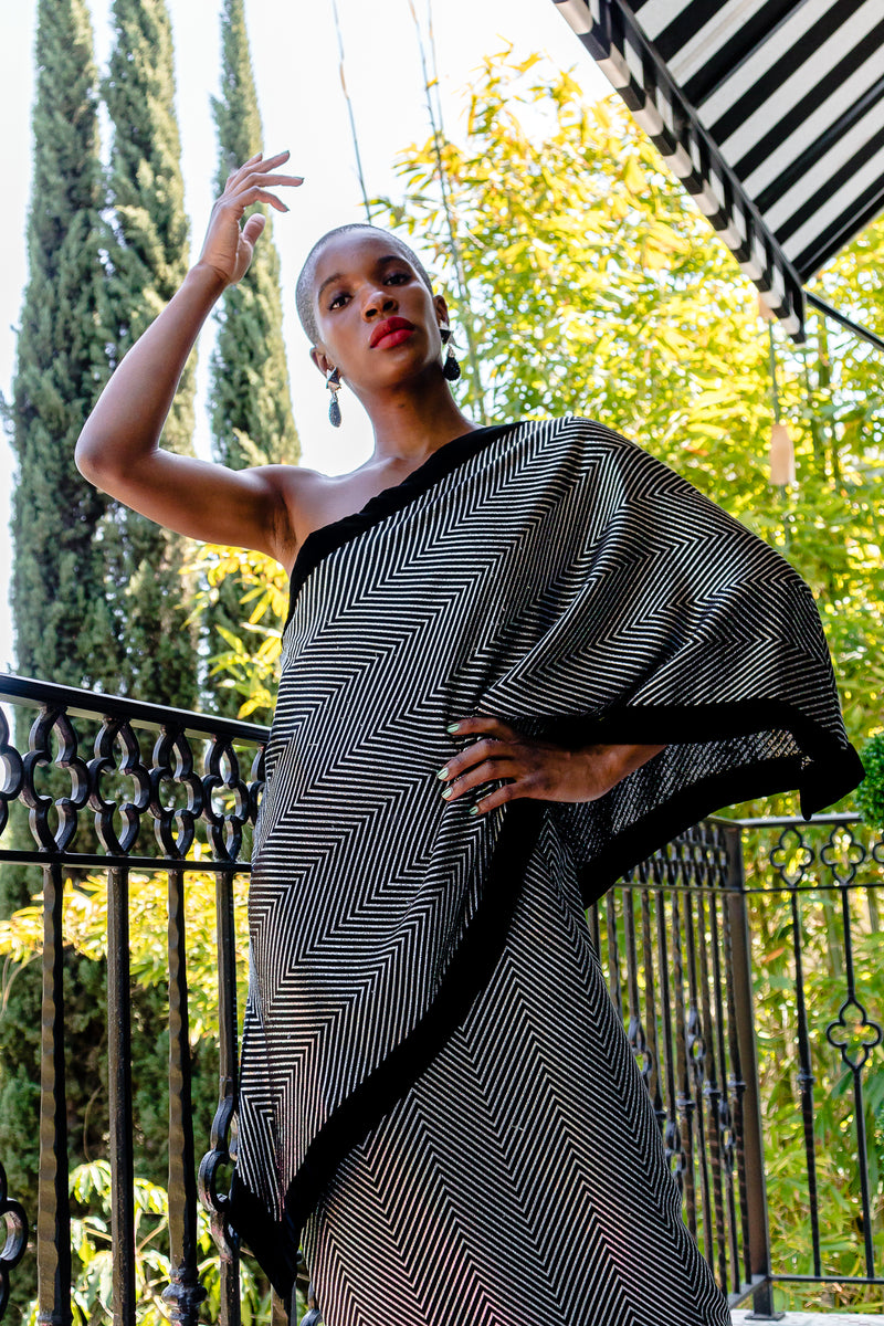 Monica Ahanonu in Vintage Gucci Metallic Silver Stripe Sari Shawl Dress at Recess Los Angeles