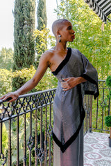 Monica Ahanonu in Vintage Gucci Metallic Silver Stripe Sari Shawl Dress at Recess Los Angeles