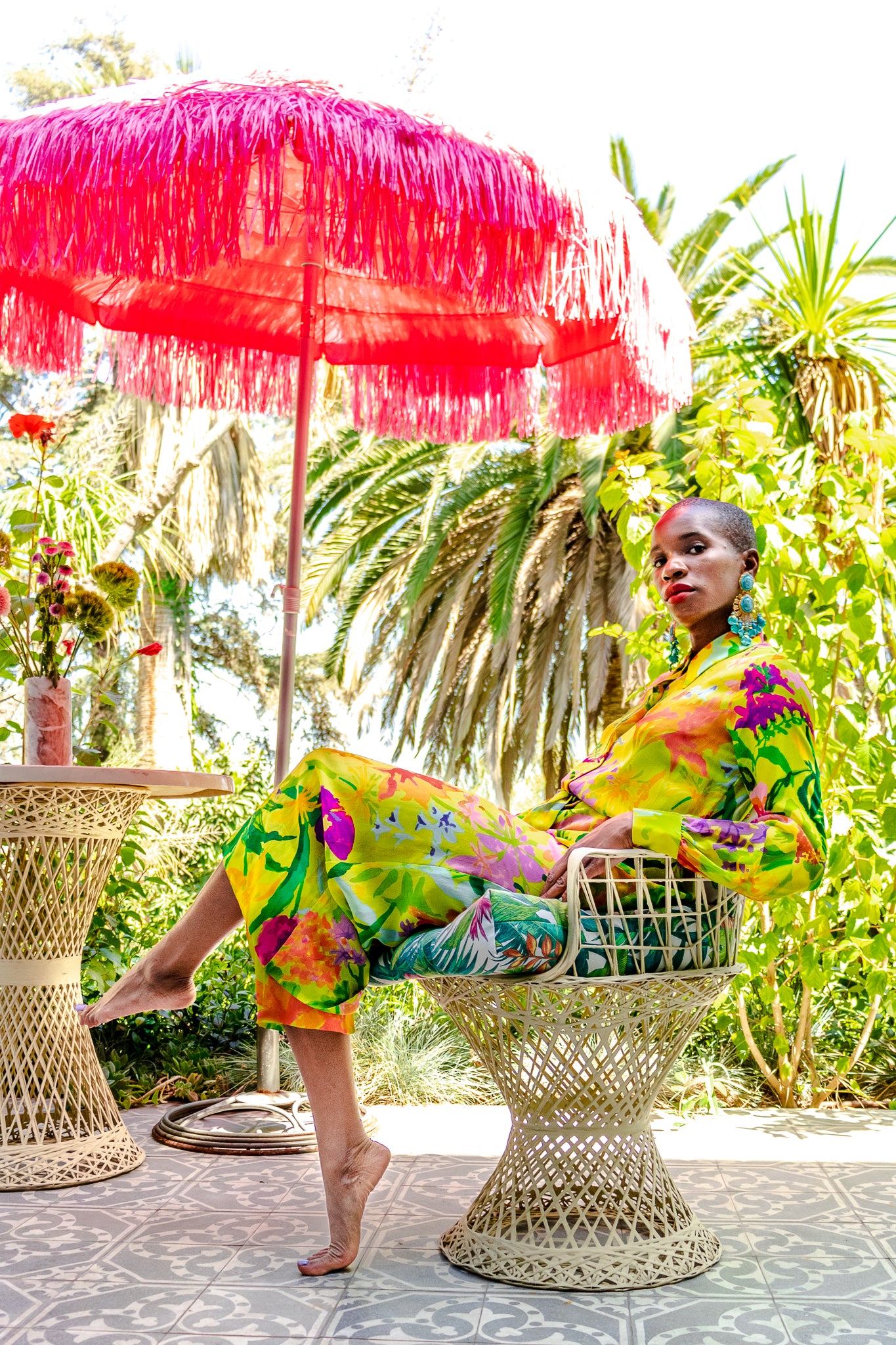 Monica Ahanonu in Vintage Ken Scott Tropical Chiffon Shirt Dress Duster at Recess LA