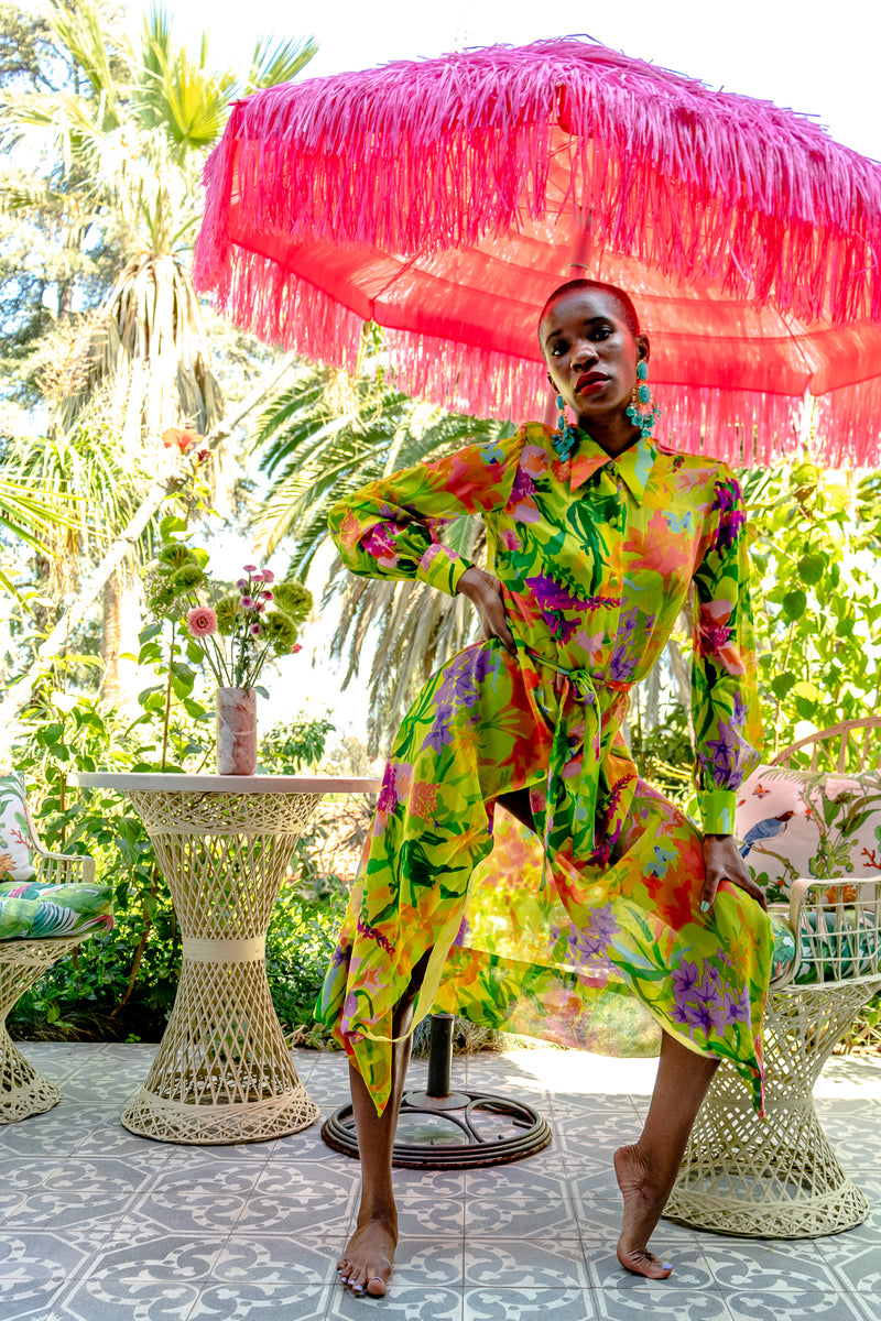 Monica Ahanonu in Vintage Ken Scott Tropical Chiffon Shirt Dress Duster at Recess LA