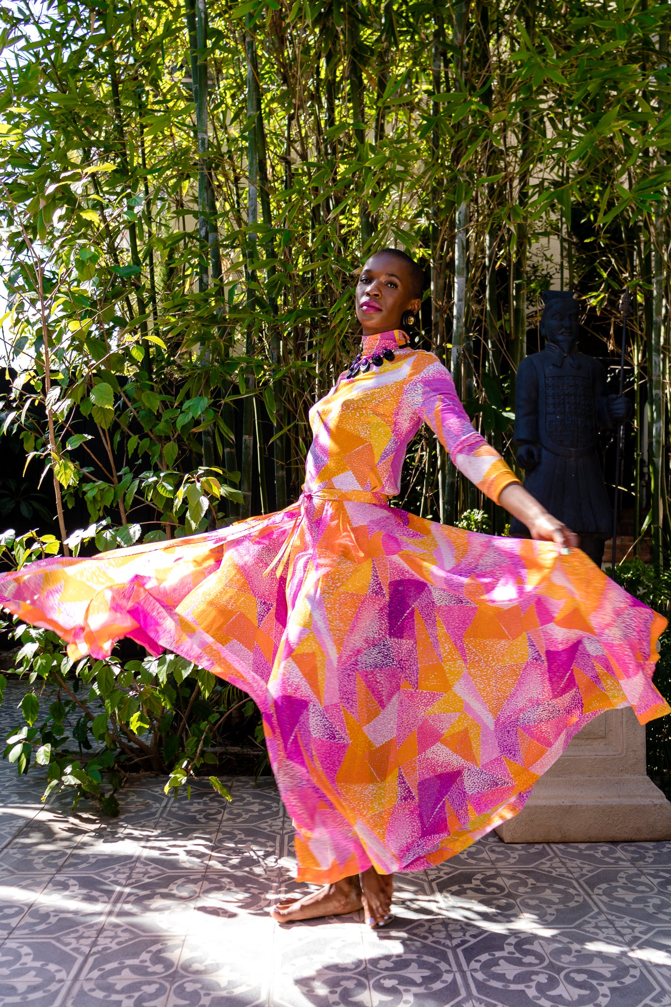 Monica Ahanonu in Vintage La Mendola Geo Silk Jersey Dress & Overskirt @ Recess LA