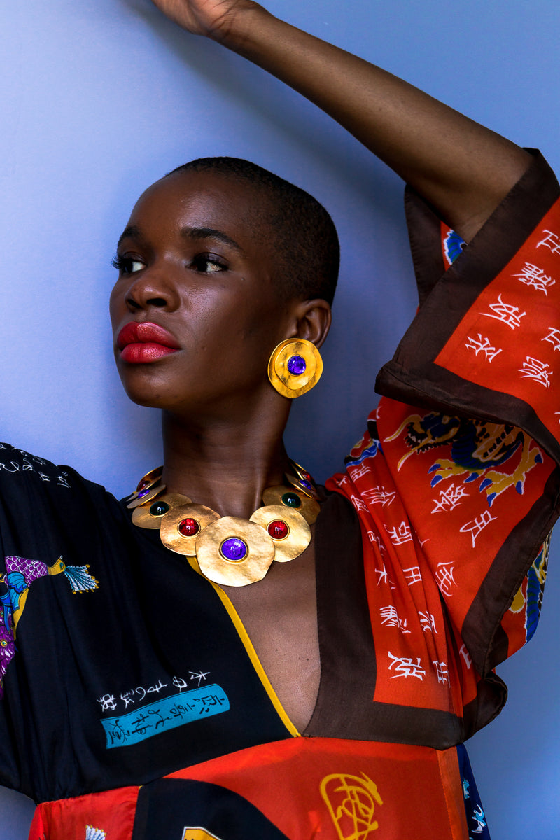 Monica Ahanonu in Vintage Modernist Disc Collar Necklace & Earring Set at Recess LA