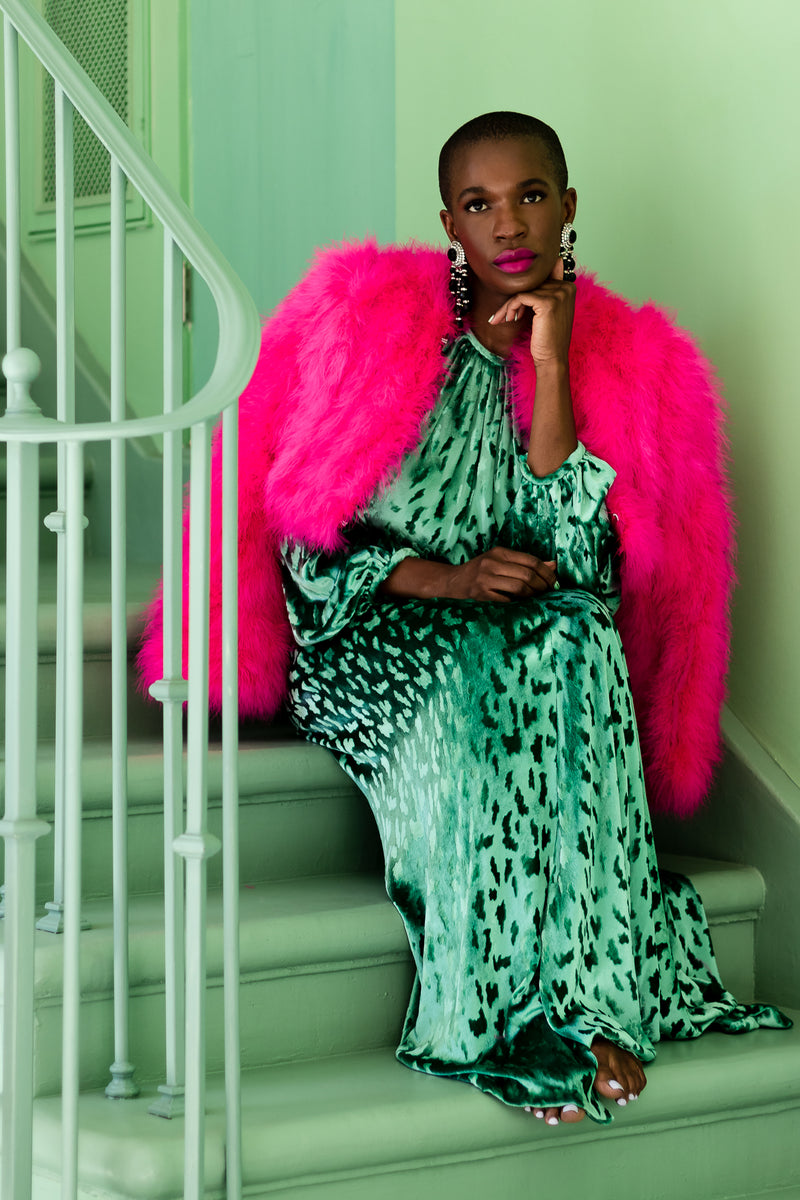 Monica Ahanonu in Vintage Hot Marabou Cropped Jacket and Mint velvet gown at Recess Los Angeles