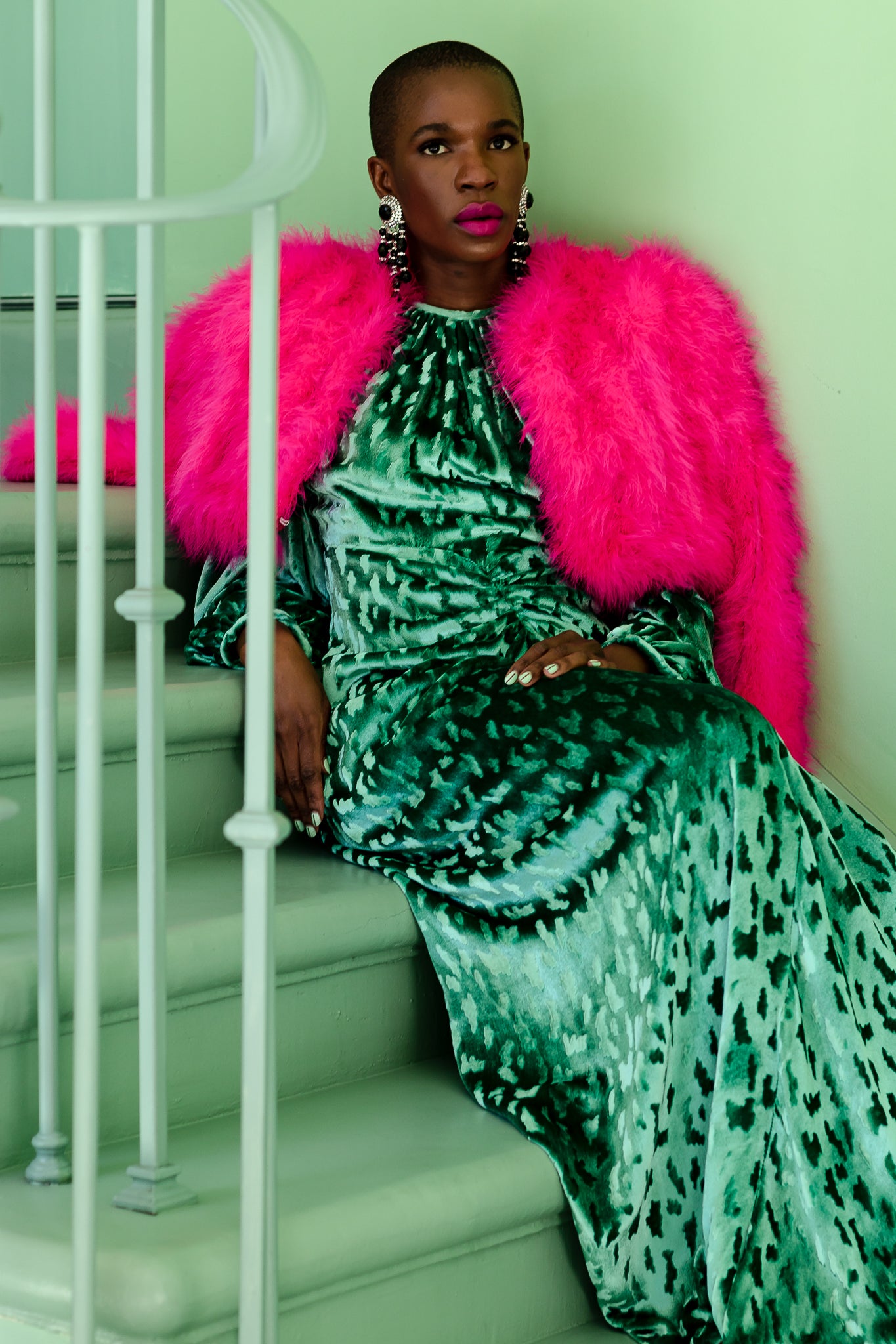 Monica Ahanonu in Vintage Hot Marabou Cropped Jacket and Mint velvet gown at Recess Los Angeles